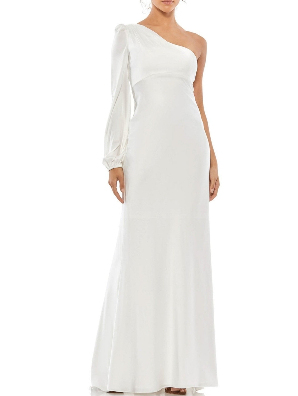 Ieena Mac Duggal 55401 White One Shoulder Satin Maxi Dress Wedding Gown 0 NWT